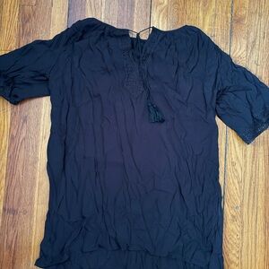 SHEIN Black Lace-Trim Tassel Tie Tunic